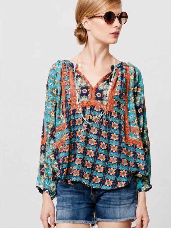 Tolani Tops - Tolani Turquoise Floral Print Silk Blouse-size M